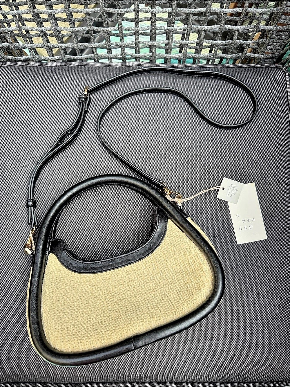 A New Day Handheld Crescent Straw Tote Handbag Black & Cream Crossbody Shoulder